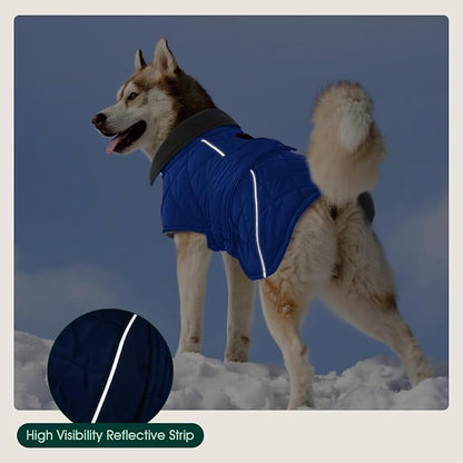 Kuoser Dog Coat Thermal Fleece Lined Dog Jacket, Adjustable Hook & Loop Dogs Coats for Medium Dogs Windproof Reflective Puppy Snow Jackets Pet Cold Weather Clothes with Harness Hole, Blue, M