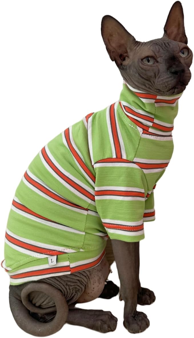 Vintage Stripes Sphynx Hairless Cats Shirt Cotton Cat Turtleneck Pet Clothes Kitten T-Shirts with Sleeves for Sphynx Cornish Rex, Devon Rex, Peterbald (Orange & Green, Small (Pack of 1))