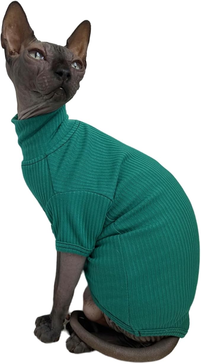 Sphynx Hairless Cats Shirt Cotton Cat Turtleneck Sweater Pullover Kitten T-Shirts with Sleeves Cat Pajamas Jumpsuit for Sphynx Cornish Rex, Devon Rex, Peterbald (XX-Large, Peacock Green)