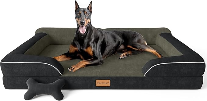CWAWZ XXL Dog Bed for Extra Large Dogs, Giant Orthopedic Dog Bed with Cooling Gel Memory Foam, Waterproof Pet Bed with Removable Washable Cover, 53" Pet Sofa Bed Dutch Velvet with Bone Toy, Black