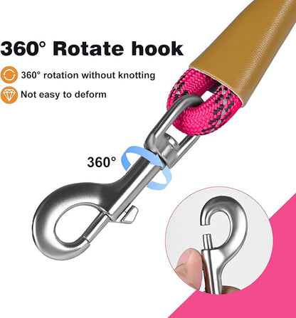 lynxking Rope Dog Leash 6 FT with Comfortable Padded Handle, Highly Reflective Threads Leash for Small Medium Large Dogs (Pink, 2PCS Large 1/2in x 6ft-Rope Clasp)