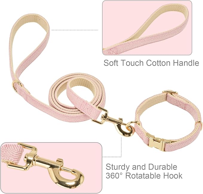 Ewinoom Soft Hemp Dog Collar and Leash Set Adjustable Woven Tweed Dog Collars with Metal Buckle and Lead for Small Medium Large Dogs,Pink