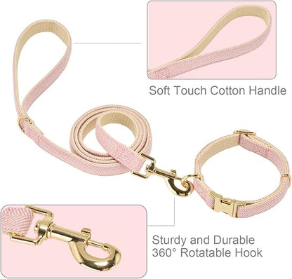 Ewinoom Soft Hemp Dog Collar and Leash Set Adjustable Woven Tweed Dog Collars with Metal Buckle and Lead for Small Medium Large Dogs,Pink