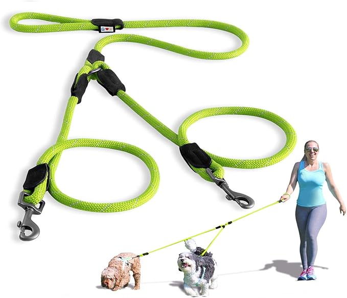 Pawtitas Double Leash for Two Dogs Great for Walking & Training Comfortable Shock Absorbing Reflective Pet Rope Leash for 2 Dogs 6ft - Medium/Large - Green