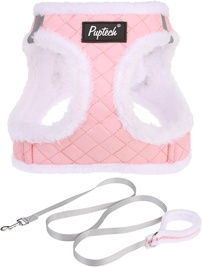 PUPTECK Plush Dog Harness and Leash Set for Small Medium Dogs No Pull Step-in Soft Mesh Puppy Cat Winter Vest Harnesses Reflective at Night Warm, Plush Pink, M