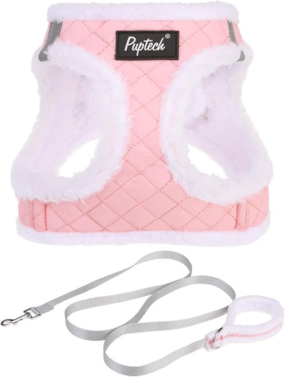 PUPTECK Plush Dog Harness and Leash Set for Small Medium Dogs No Pull Step-in Soft Mesh Puppy Cat Winter Vest Harnesses Reflective at Night Warm, Plush Pink, M