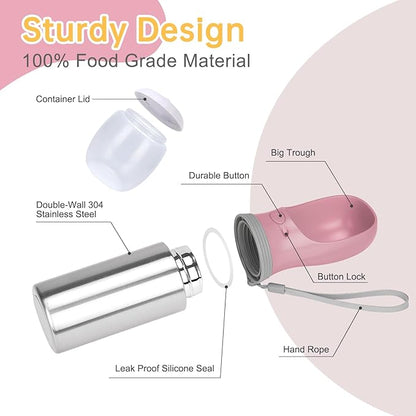 Portable Dog Water Bottle with Food Container, 14 OZ, Stainless Steel Leak Proof Puppy Water Dispenser with Drinking Feeder for Pets Travel, Walking, Hiking and Outdoor Activities