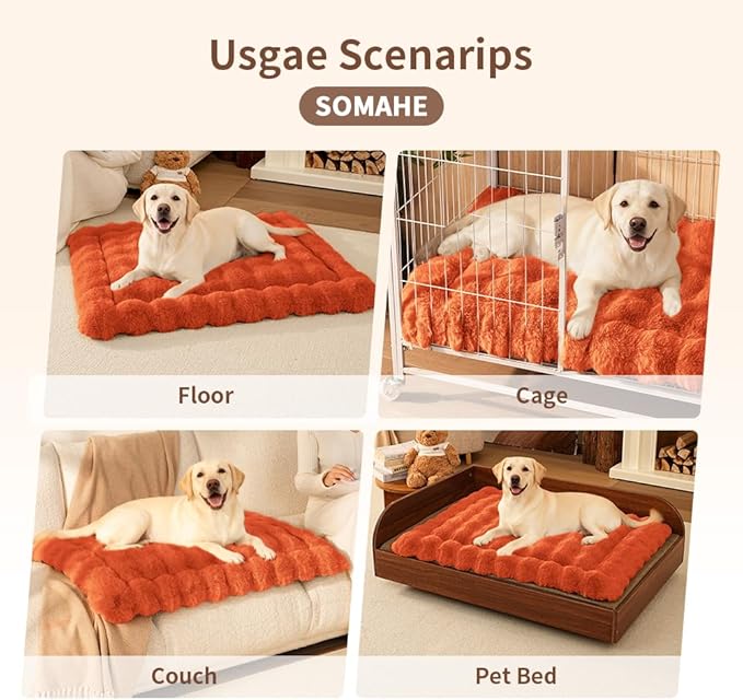 SOMAHE Self-Warming Dog Bed, Plush Faux Fur Mat with Anti-Slip Bottom, Ultra Soft Heated Pet Bed for Medium Large Dogs, Cozy Fluffy Pad for Carriers Couch Crate, Machine Washable, 35 x 27 Inch Orange