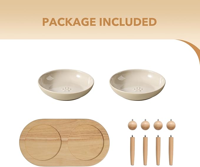 Havniva Raised Ceramic Wide Whisker Friendly Cat Dishes, Anti-Slip Food& Water Bowl with 2 Style Stand Adjustable Pet Bowl Set(2Dish+Stand, Vintage Latte)