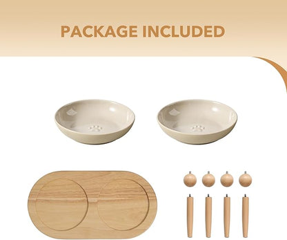 Havniva Raised Ceramic Wide Whisker Friendly Cat Dishes, Anti-Slip Food& Water Bowl with 2 Style Stand Adjustable Pet Bowl Set(2Dish+Stand, Vintage Latte)