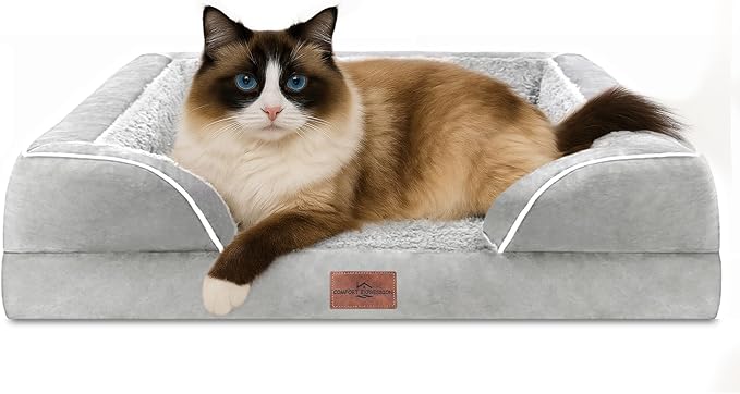 Comfort Expression Orthopedic Dog Bed for Small Dogs 20x14 Inch, Waterproof Egg Crate Foam Small Pet Bed with Removable Bolsters, Dog Couch with Washable Cover & Non-Slip Bottom, Grey White
