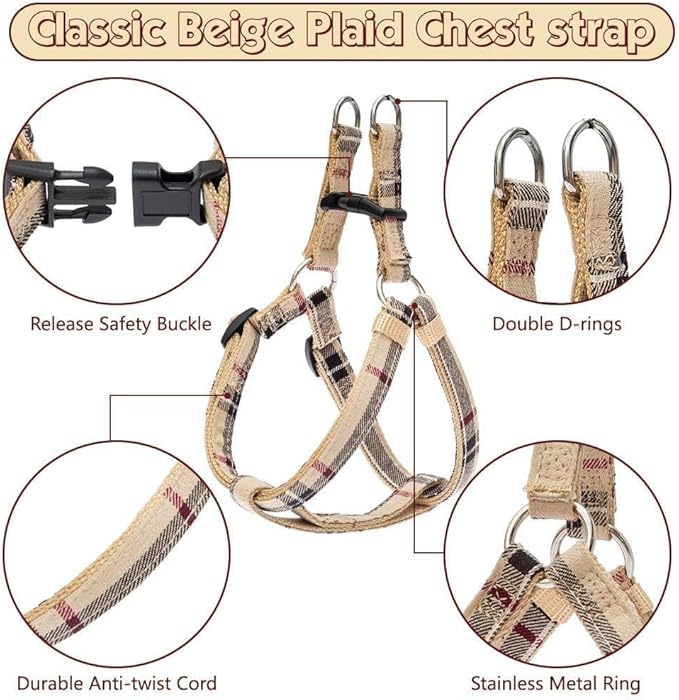 BINGPET Dog Harness Collar Leash Set,Adjustable No Pull Escape Proof Small Dog Harness,Classic Plaid Puppy Harness and Leash Set for Small Medium Large Dogs Training Easy Walk Running(Beige,S)