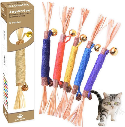 JoyArrive Natural Dried Matatabi Cat Chew Stick with Gall Fruit, Raffia Grass & Bell Cat Ball Toys, Handmade Silvervine Sticks Interactive Catnip Toys for Teething & Entertainment (Size M Color D)