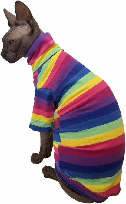 Vintage Stripes Sphynx Hairless Cats Shirt Cotton Cat Turtleneck Pet Clothes Kitten T-Shirts with Sleeves for Sphynx Cornish Rex, Devon Rex, Peterbald (Rainbow Stripe, Medium (Pack of 1))