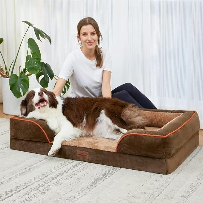 Comfort Expression Orthopedic Dog Bed for Extra Large Dogs 45x35 Inch, Waterproof Supportive Memory Foam XL Pet Bed with Removable Bolster, Dog Couch with Washable Cover & Non-Slip Bottom, Khaki Brown