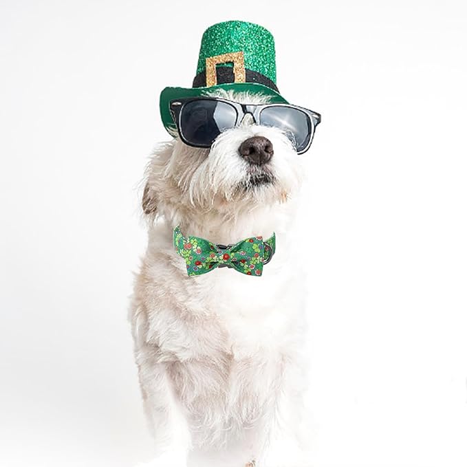 St Patricks Day Dog Collar with Bow Tie, Green Clover Bowtie Dog Collar with Metal Buckle, Adjustable Shamrock Pet Collar for Girls&Boys Dogs, X-Small