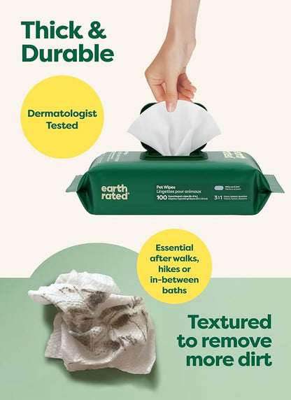 Earth Rated Pet Wipes for Dogs and Cats, Hypoallergenic, 3-in-1 Cleaning, Deodorizing and Hydrating, for Grooming Paws, Body and Butt, New White Tea and Basil Scent, 100 Count