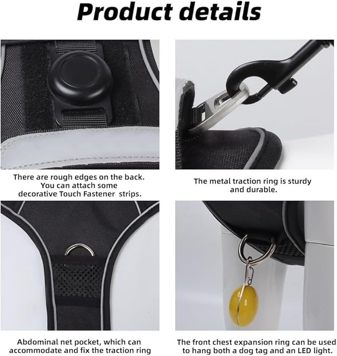 Airtag Dog Harness Chest Plate Reflective No Pull Harness with Leash for Extra Large Dogs (Black, L)