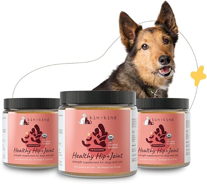 kin+kind Hip and Joint Supplement for Dogs & Cats – Vet Formulated Natural Joint Support with Organic Turmeric, Black Pepper & Coconut – Dog Essentials & Cat Essentials – Made in USA – 3x4 oz (Medium)