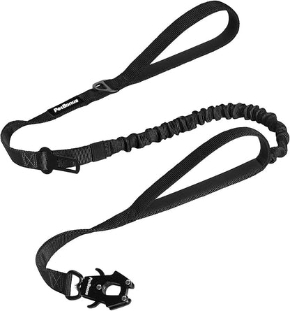 PetBonus Heavy Duty Tactical Dog Leash, 5 FT Bungee Shock Absorption Leash with 2 Padded Handles, Quick Release Metal Clip, Car Seatbelt, No Pull Training Lead for Large Medium Dogs (Black)