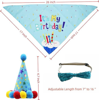 Pet Birthday Party Set with Hat and Bandana for Dogs and Cats with Star Pattern Design, Adjustable Sequin Bow tie Accessories, Blue Birthday Boy Scarf (Blue)