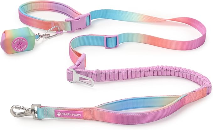 Spark Paws Handsfree Dog Leash – Shock Absorbing Waist Bungee Lead for Running, Car Seatbelt Clip & Poop Bag Set, Heavy Duty Tactical Lead for Medium, Large & X-Large Breeds - Pastel Icing