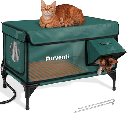 Outdoor Heated Cat House in Winter,Extremely Insulated & Weatherproof,Elevated Feral Cat Shelter with Waterproof Eaves & Escape Door for Outside Stray Barn Cat (Green, L with Cam) 28.0