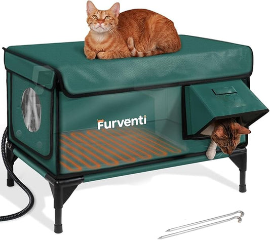 Outdoor Heated Cat House in Winter,Extremely Insulated & Weatherproof,Elevated Feral Cat Shelter with Waterproof Eaves & Escape Door for Outside Stray Barn Cat (Green, L with Cam) 28.0