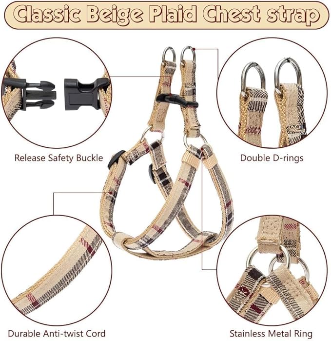 Dog Harness with Leash and Bow Tie Collar Set - Beige Plaid Puppy Harness, Escape Proof Adjustable No Pull Dog Vest for Outdoor Walking, Fit for Small Medium Large Dogs XS