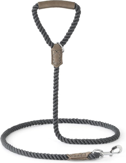 Mile High Life Dog Leash, Braided Cotton Rope Leashes with Leather Handle - Heavy Duty Metal Clasp, 4FT, 1/2" Thick - Wedding, Walking & Training Leash for Small Medium Large Dogs (Gray)