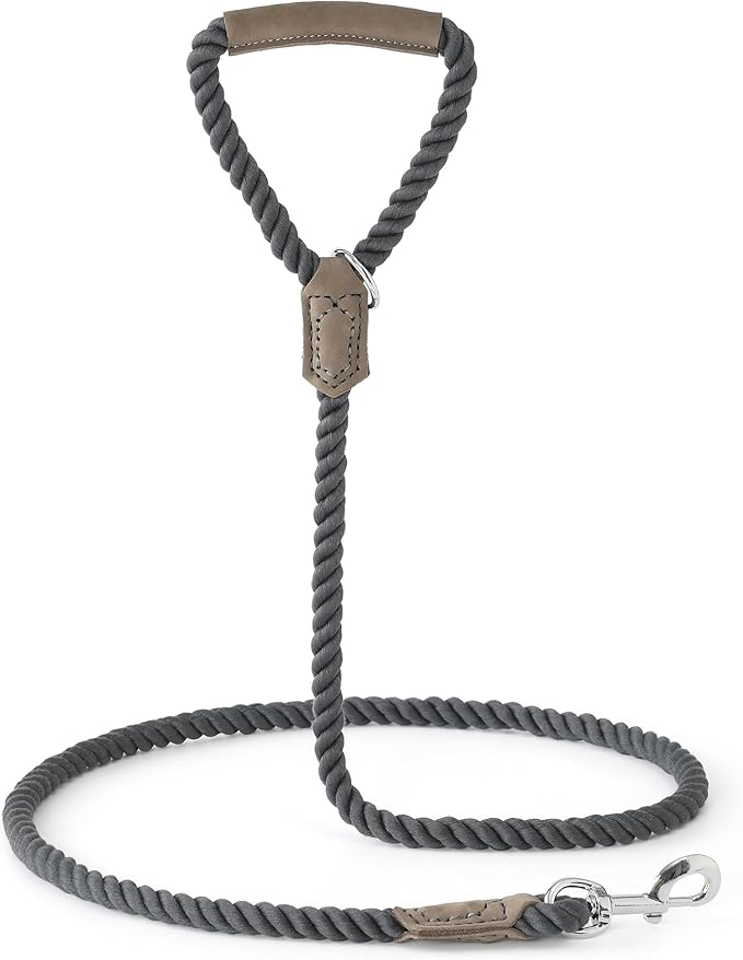 Mile High Life Dog Leash, Braided Cotton Rope Leashes with Leather Handle - Heavy Duty Metal Clasp, 5FT, 1/2" Thick - Wedding, Walking & Training Leash for Small Medium Large Dogs (Gray)