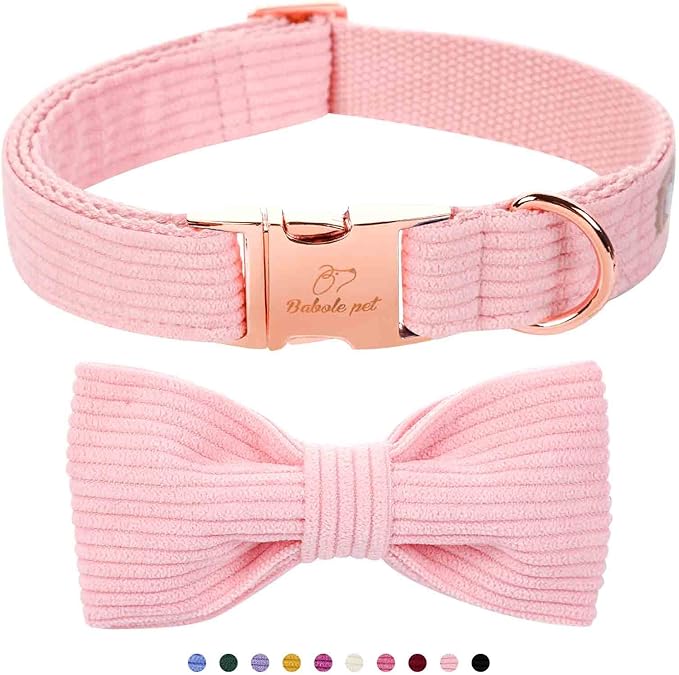 Pink Dog Collars for Medium Dog,Cute Corduroy Dog Collar with Bow Tie Safety Metal Buckle Adjustable Puppy Collars for Small Medium Large Boy&Girl Dogs,M-Neck 13.5"-22"