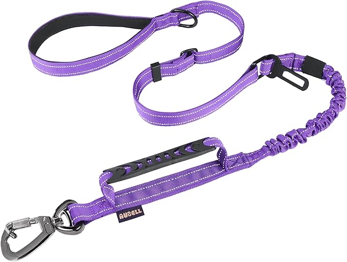 AUBELL Tactical Dog Leash Heavy Duty,4-6ft Reflective Strong No Pull Bungee Leash for Medium Large Dogs with Comfortable Padded Double Handle,Car Seat Belt,360 Degree Rotating Carabiner,Purple