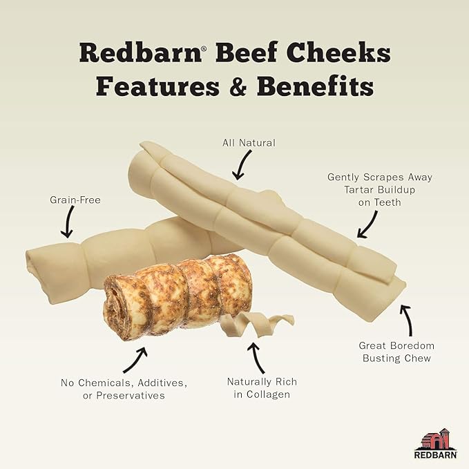 Redbarn Pet Products All-Natural Beef Cheek Rolls for Dogs, Grain-Free Cow Cheeks, Naturally Rich in Collagen, Available in Chicken & Carrot Glaze or Uncoated (Original, Small/Medium (Pack of 25))