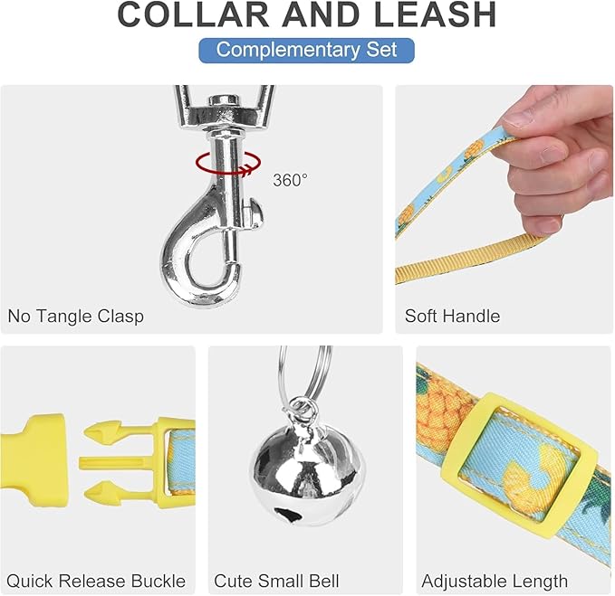 EXPAWLORER Small Dog Harness and Leash Set - Cute Puppy Harness Leash Dog Collar with AirTag Holder Silicone Case, Soft Padded Step in Pet Vest Reflective for Outdoor Walking, Pineapple XXS