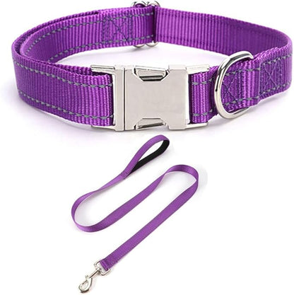 Reflective Dog Collar and Leash Set with Metal Buckle, Soft Sturdy Nylon Dog Collars with Quick Release Buckle, Adjustable Pet Collars with with ID Tag Ring for Small Medium Large Dogs