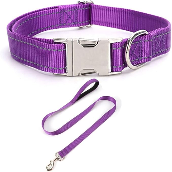 Reflective Dog Collar and Leash Set with Metal Buckle, Soft Sturdy Nylon Dog Collars with Quick Release Buckle, Adjustable Pet Collars with with ID Tag Ring for Small Medium Large Dogs
