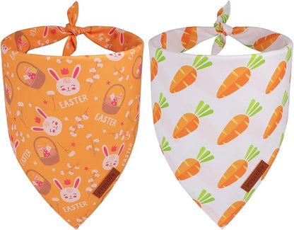 PTDECOR Easter Dog Bandana 2 Pack, Reversible Rabbit Carrot Dog Scarf, Multi Size Offered, Yellow White Easter Bandanas for Medium Large Dogs Pets (Large)