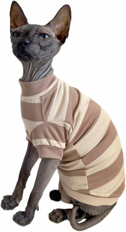 Sphynx Cat Clothes Shirts for Hairless Cat, Wide Stripe Cats Apparel, Kitten Summer Cotton T-Shirts with Sleeves for Cornish Rex, Devon Rex, Peterbald (Coffee, Large)