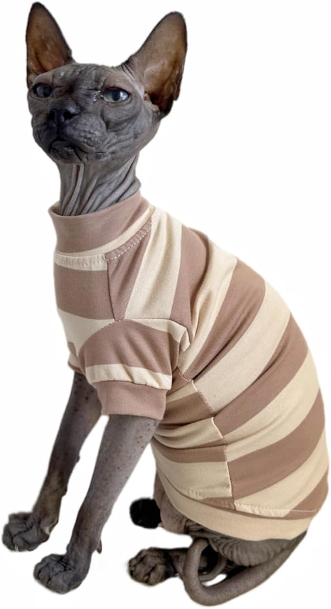 Sphynx Cat Clothes Shirts for Hairless Cat, Wide Stripe Cats Apparel, Kitten Summer Cotton T-Shirts with Sleeves for Cornish Rex, Devon Rex, Peterbald (Coffee, XX-Large)