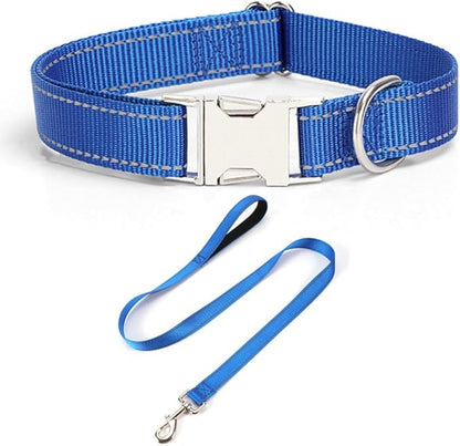 Reflective Dog Collar and Leash Set with Metal Buckle, Soft Sturdy Nylon Dog Collars with Quick Release Buckle, Adjustable Pet Collars with with ID Tag Ring for Small Medium Large Dogs