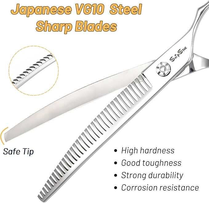 7.5in Curved Chunker Dog Grooming Scissors, 35 Teeth Professional Dog Cutting Scissors, 25 Degree Bend High-end Shears for Pet Groomers or Family Use, with Symmetric Handle, Thinning Rate 65%, Silver