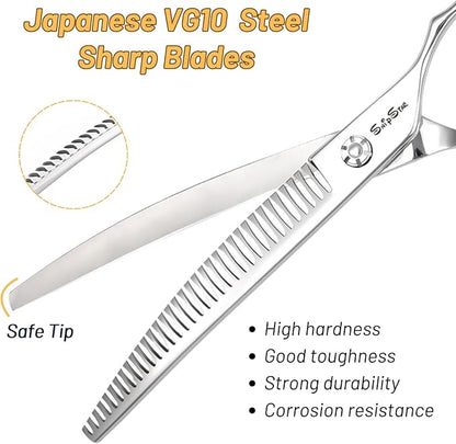 7.5in Curved Chunker Dog Grooming Scissors, 35 Teeth Professional Dog Cutting Scissors, 25 Degree Bend High-end Shears for Pet Groomers or Family Use, with Symmetric Handle, Thinning Rate 65%, Silver
