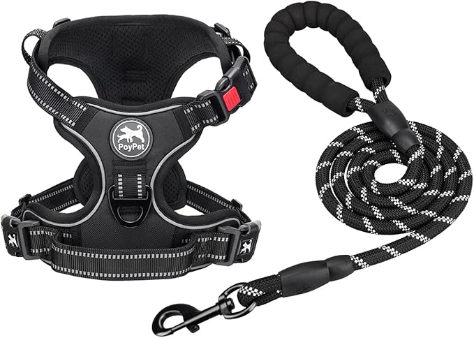 PoyPet Dog Harness and Leash Combo, Escape Proof No Pull Vest Harness, with 5 Feet Leash, Reflective Adjustable Soft Padded Pet Harness with Handle for Small to Large Dogs(Black,S)