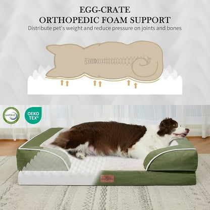 Comfort Expression Orthopedic Dog Bed for Large Dogs 36x27 Inch, Waterproof Supportive Egg Crate Foam Large Pet Bed with Removable Bolster, Dog Couch with Washable Cover & Non-Slip Bottom, Light Green