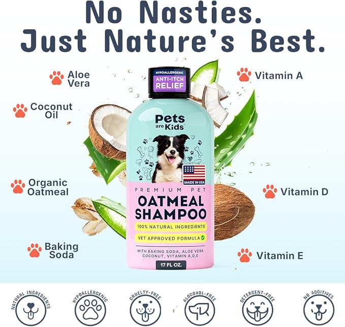 Pets Are Kids Too Oatmeal Dog Shampoo Baking Soda Hypoallergenic Anti Itch Moisturizing Soothing Deodorizing Pet Care Safe Puppy Shampoo Sensitive Skin Cat Shampoo - Coconut Based Cleanser 17 fl oz