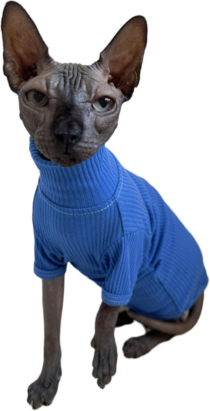 Sphynx Cats Shirt Cat Turtleneck Cotton Sweater Pullover Kitten T-Shirts with Sleeves Cat Pajamas Jumpsuit for Sphynx Cornish Rex, Devon Rex, Peterbald (X-Large (Pack of 1), Deep Blue)