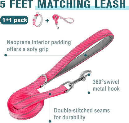 Dog Collar for Medium Small Large Dogs Reflective with Leash,Collar and Leash for Dogs,Soft Neoprene Padded 2 Pack(Pink,XS)