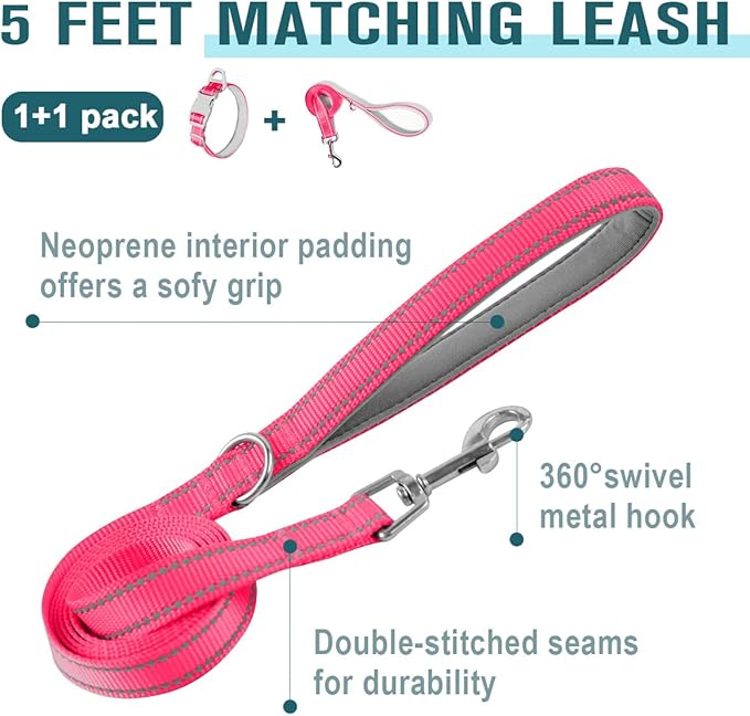 Dog Collar for Medium Small Large Dogs Reflective with Leash,Collar and Leash for Dogs,Soft Neoprene Padded 2 Pack(Pink,M)