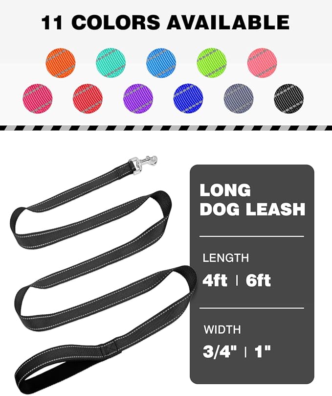 6FT Reflective Nylon Dog Leash with Soft Padded Handle for Walking, Running and Training, Supports Small Medium and Large Dogs (Black, 1 Inch Wide)